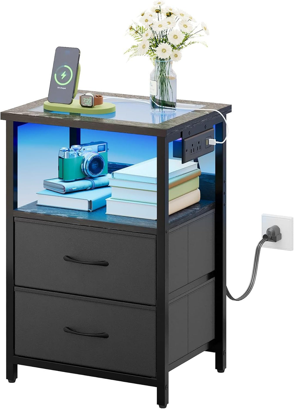 TOMNK End Table with Charging Station, Nightstand with Fabric Drawers, LED Li...