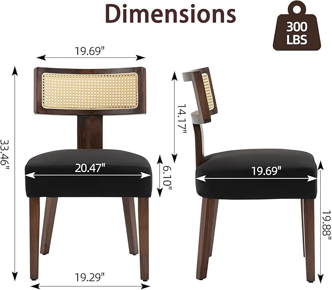 Upholstered Rattan Dining Chairs Set of 2, Mid-Century Modern Fabric Dining R...