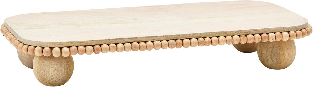 Mango Wood Pedestal with Wood Beads; Modern Footed Serving Tray/Decorative Wo...