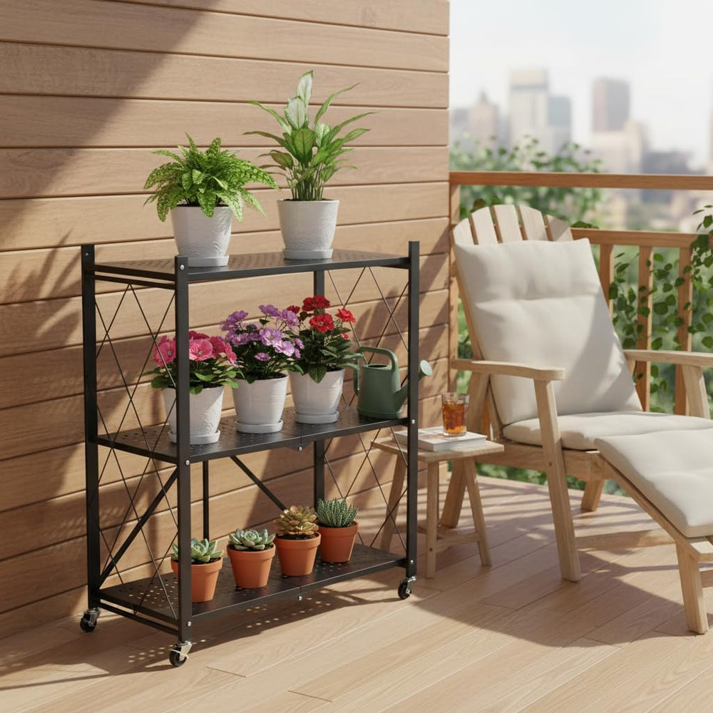 COKIHOM 3-Tier Folding Shelf, No Assembly Metal Shelving Unit with Wheels, He...