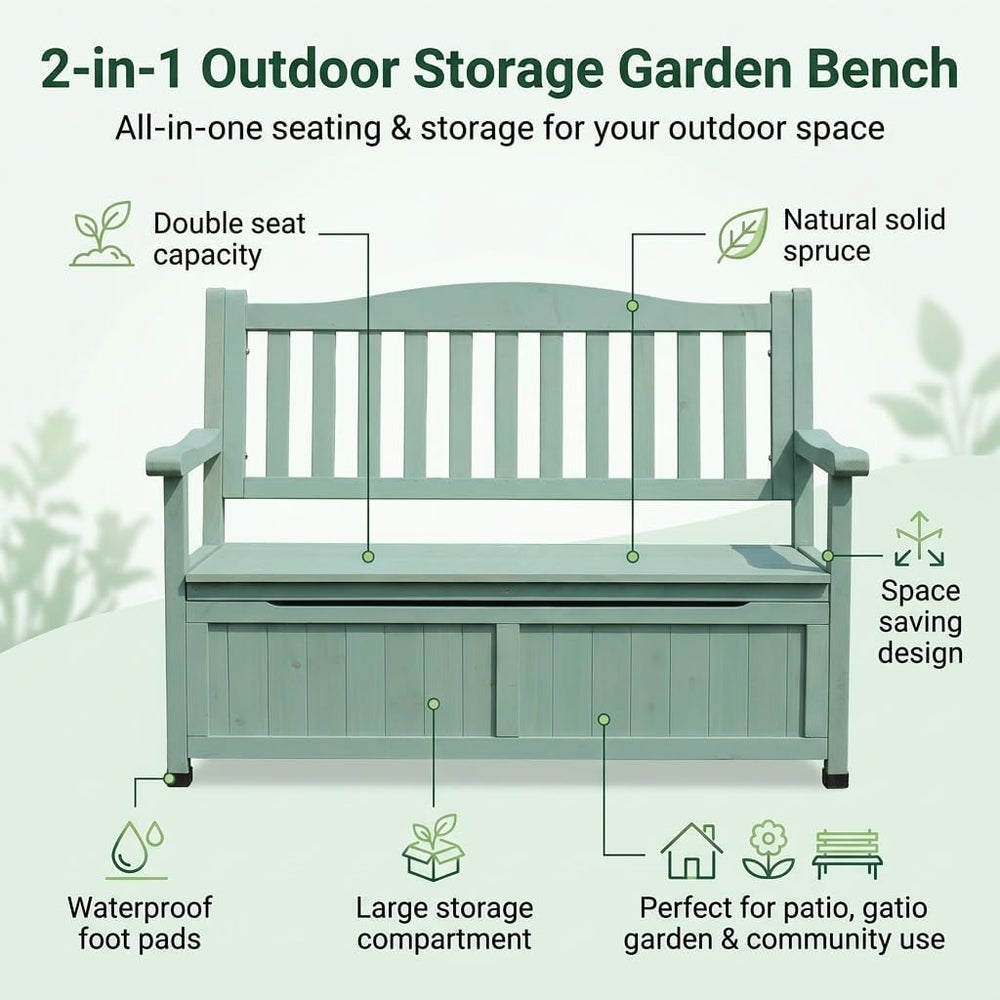 48in Wooden Outdoor Storage Bench, 2-Person Patio Deck Box with Backrest, Wea...