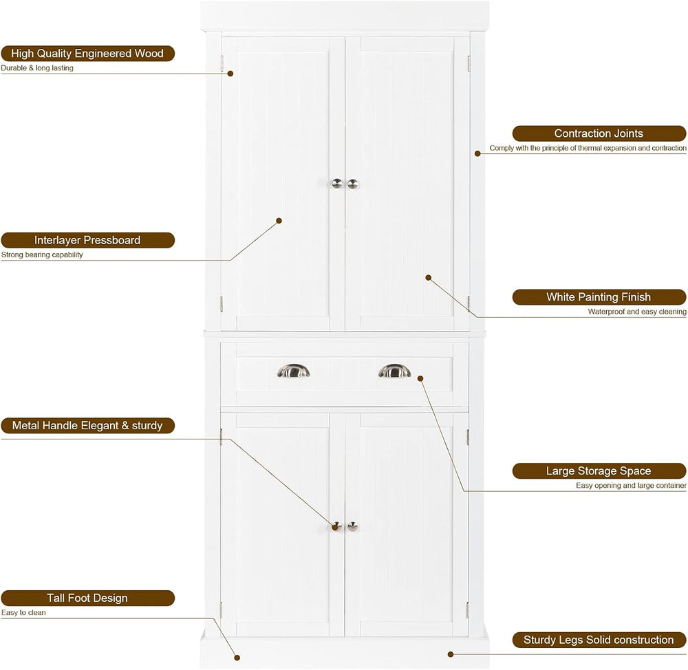 VINGLI 71-Inch White Storage Cabinets with Drawers, Freestanding Pantry Cabin...