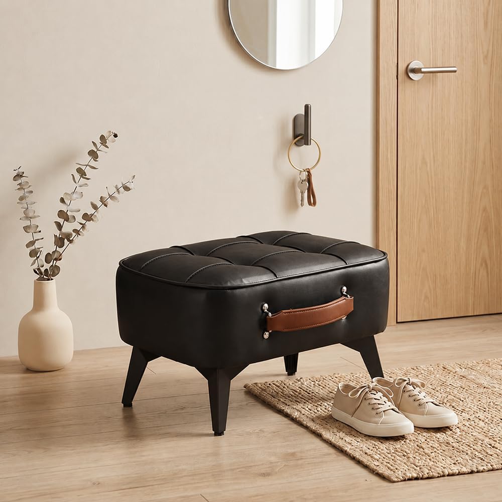Vintage Style Faux Leather Ottoman Footstool - Wooden Frame, Upholstered Inte...