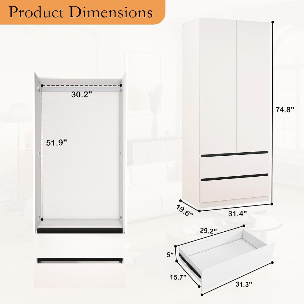 Armoire Wardrobe Closet with Drawers:75" Large White Wardrobe Closet Cab...
