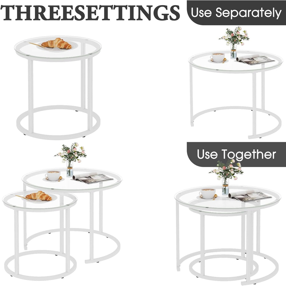 aboxoo White Nesting Glass Table Set of 2, Small Glass Round Nesting Tables f...