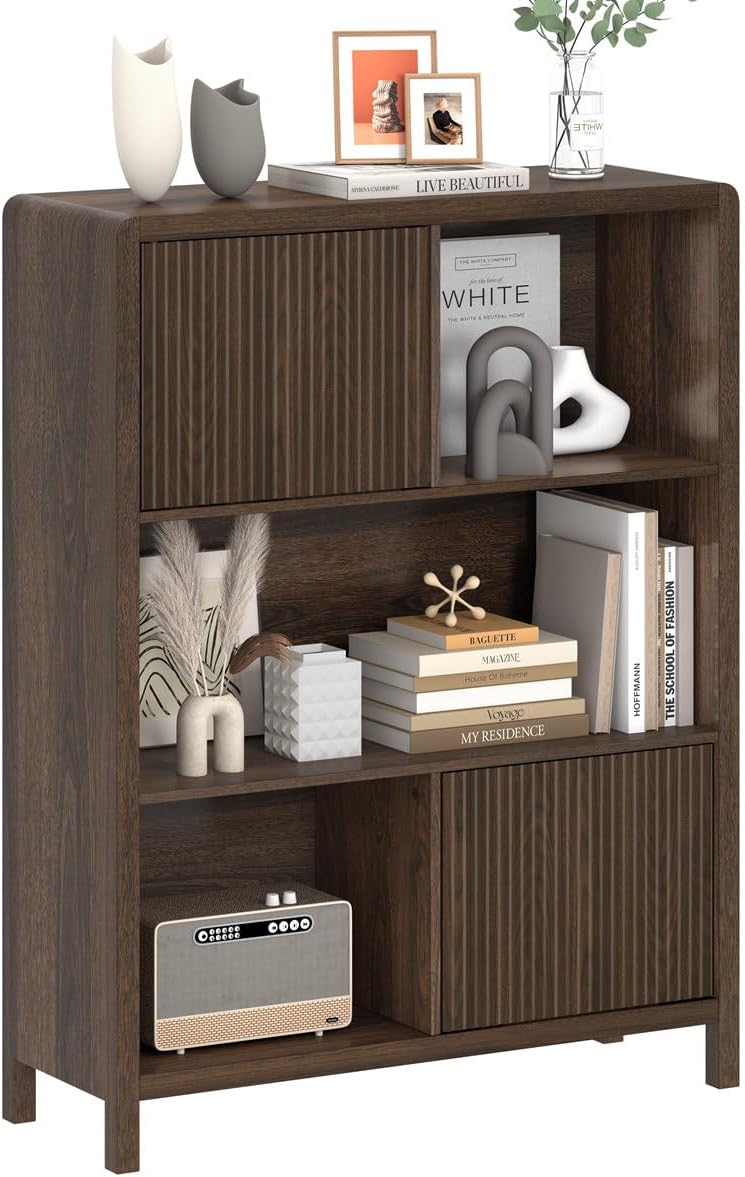FATORRI Bookshelf with 2 Fluted Wooden Doors, Farmhouse Modern Accent Bookcas...