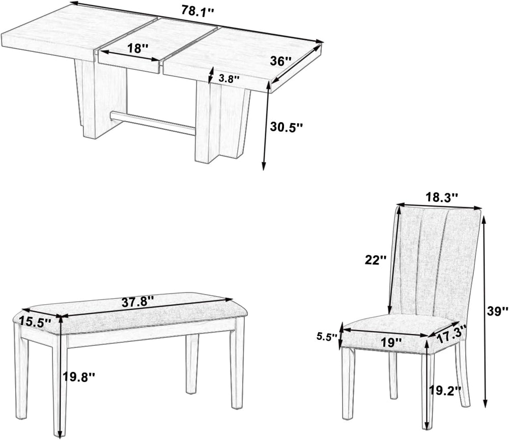 Quarte Farmhouse 78.1inch Extendable Wood Dining Table Set, 6-Piece Kitchen T...