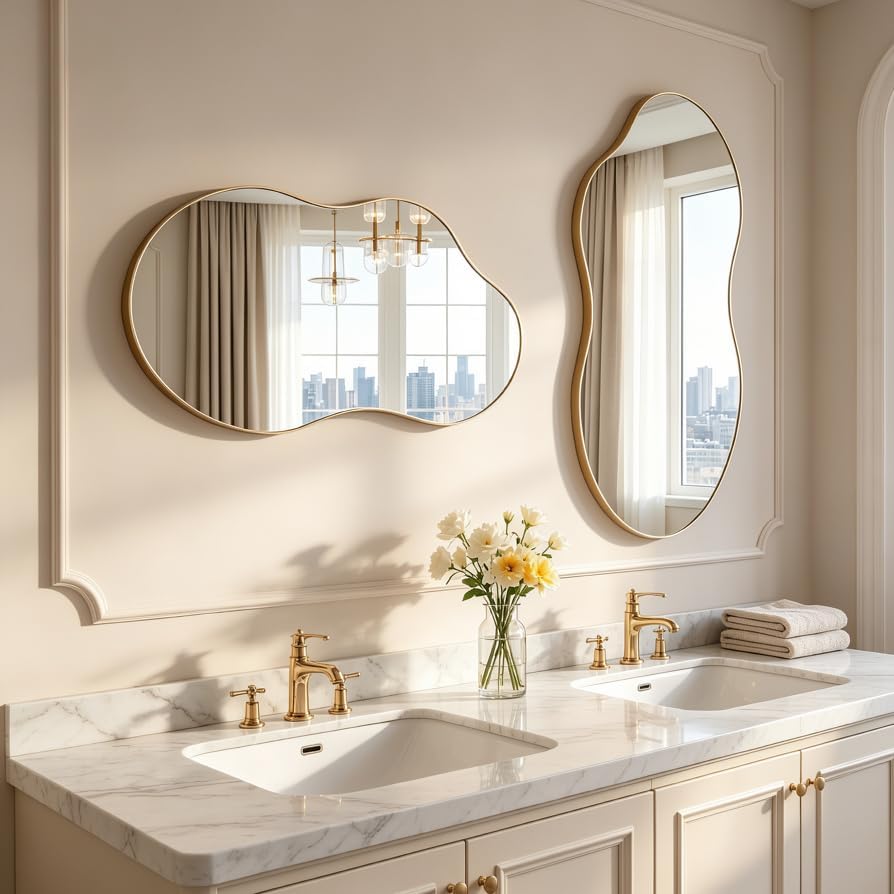 SHYFOY Large Irregular Wall Mirror,43" Decorative Wavy Antique-Gold Mirror