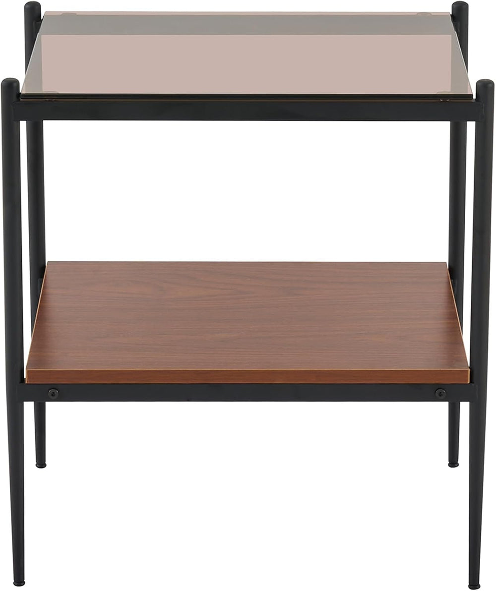 Set of 2 Rectangle End Tables, Tempered Glass Top, Brown | MDF shelf, iron le...