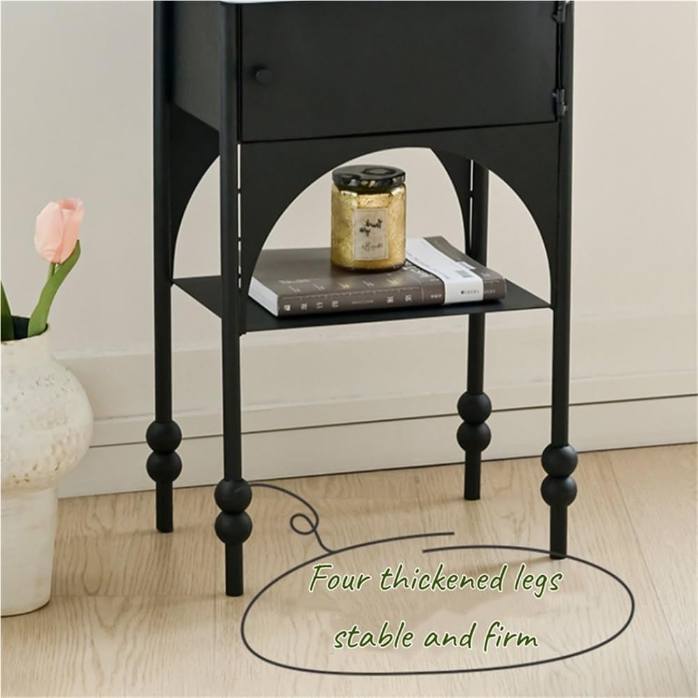 Black Side Table with Drawer, Wrought Iron Nightstand, 2-Tier End Table, Narr...