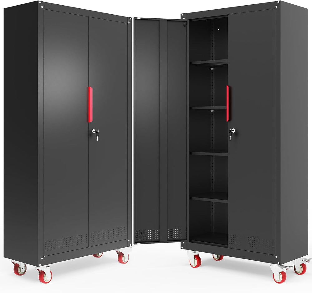 Metal Storage Cabinet with Wheels,71"Garage Cabinets with Lock Door | He...