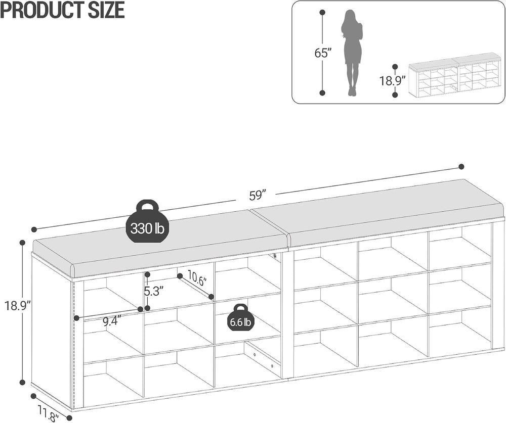 Hzuaneri Shoe Storage Bench with Cushion, Entryway Storage Bench with 18 Cubb...