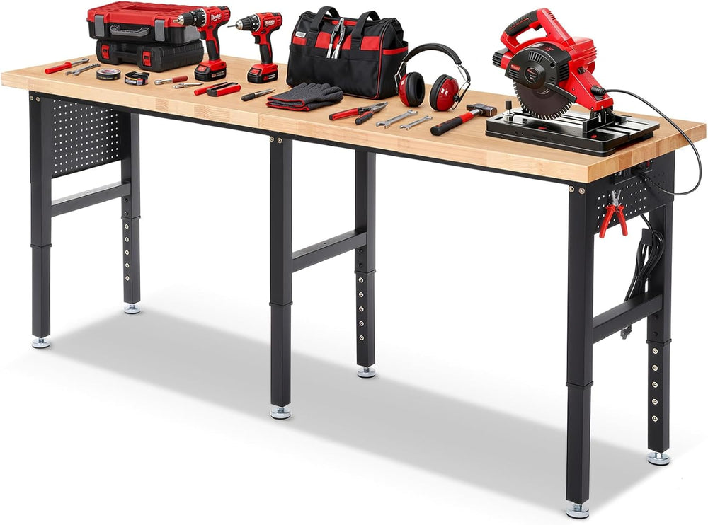 Work Bench 84 x 24 Inch Adjustable Height Rubber Wood Top Work Table 5000 Lbs...