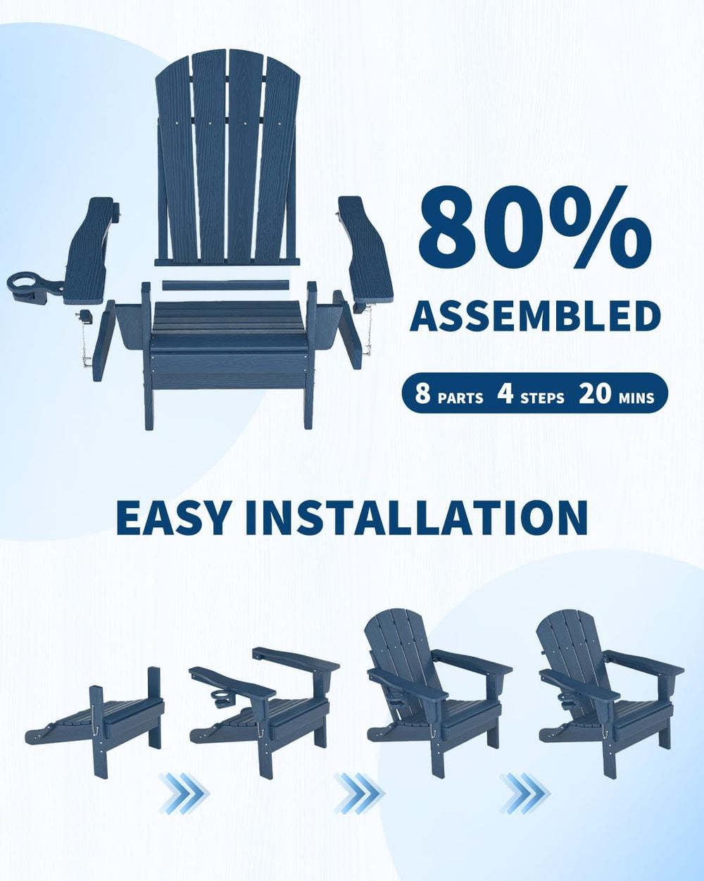HDPE Folding Adirondack Chair Set of 2 with Side Table, Navy Blue