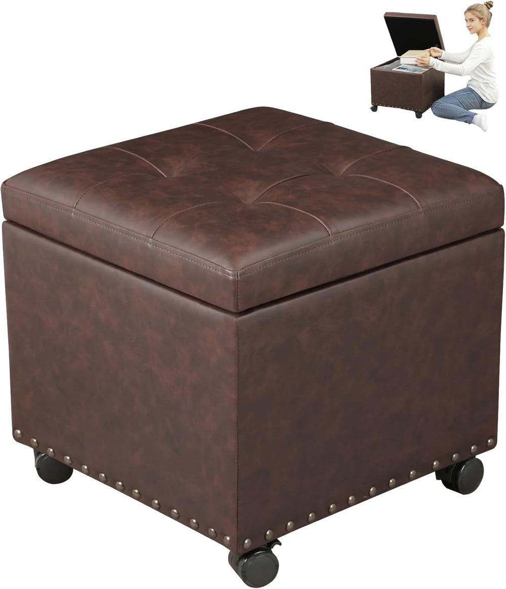 Leather Ottoman with Storage,Square Ottomans Foot Rest with Hinged Lid & ...