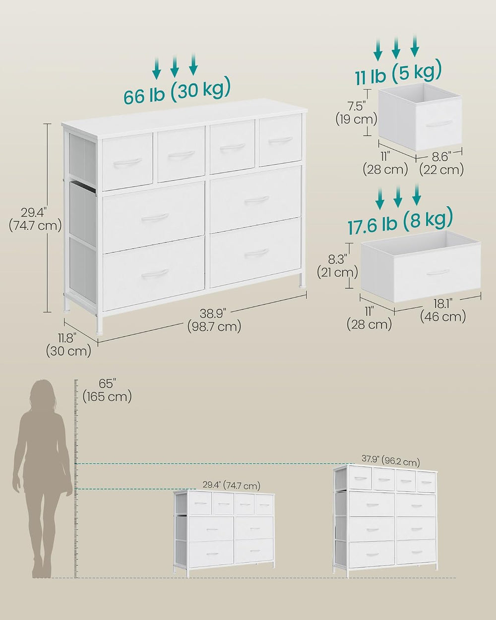SONGMICS Wide Dresser for Bedroom, 8 Fabric Drawers with Steel Frame