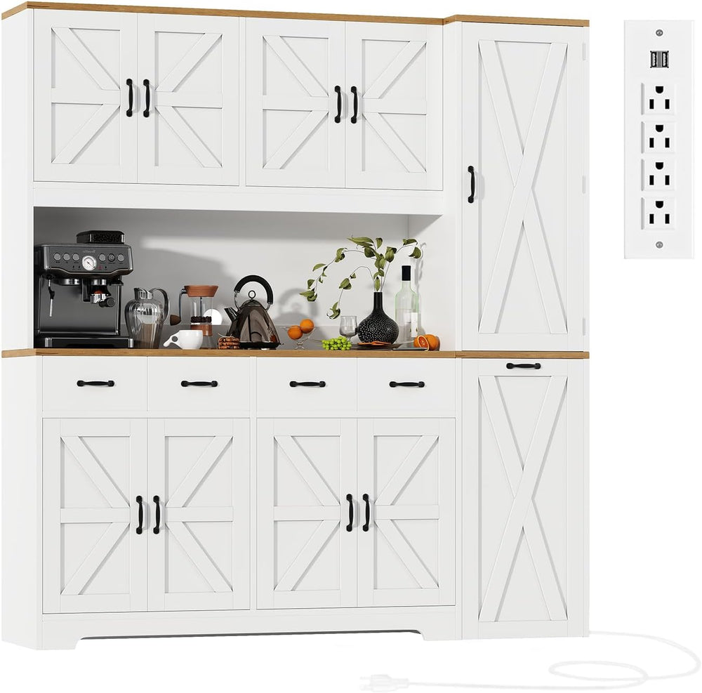 70.9" Tall Farmhouse Pantry Cabinet with Pull-Out Storage Cart & LED...