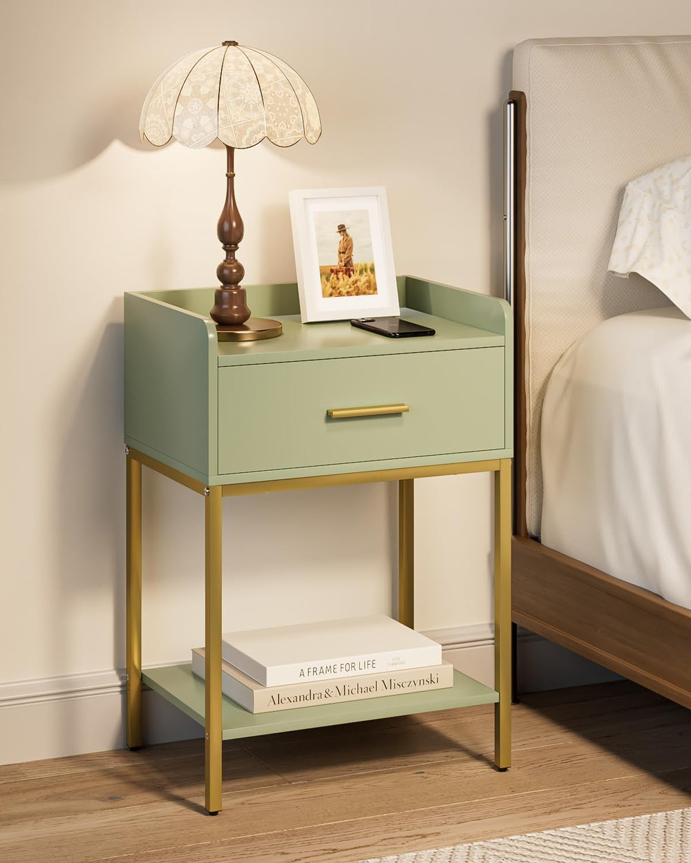 Nightstand,Modern Bedside Table Night Stand with Storage Drawer and Open Shel...