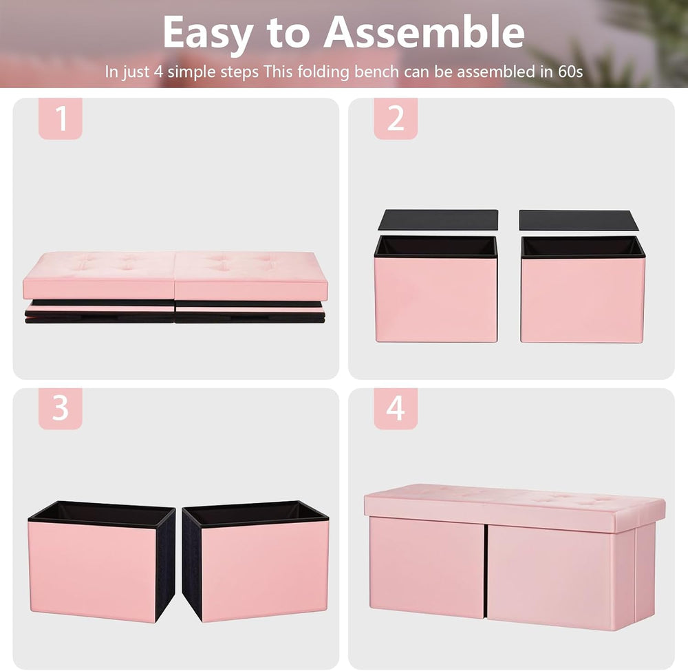 Storage Ottoman Bench, 34" Teddy Velvet Folding Foot Rest, Pink | Large ...