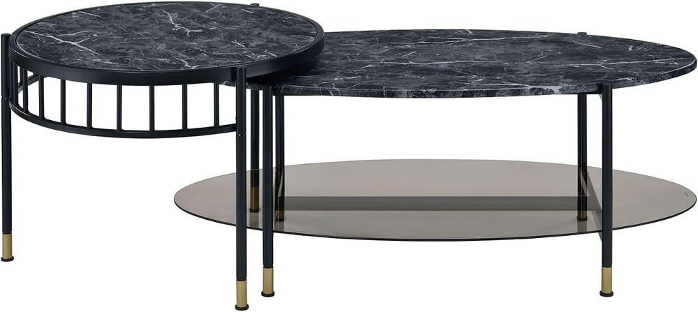 Engineered Stone Top & Black Finish Nesting Table Set | Dual-table nestin...