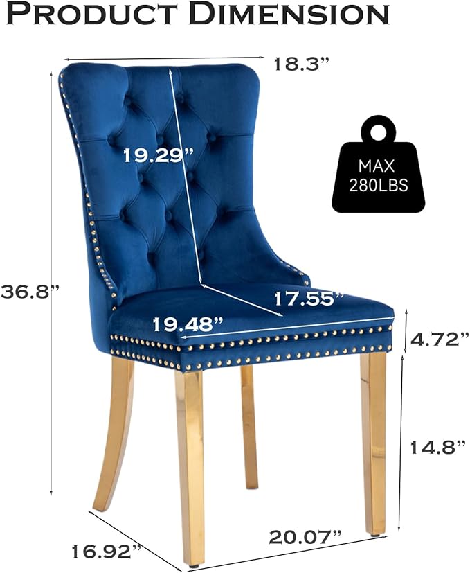 Velvet Upholstered Dining Chairs Set of 4, Modern Style Kitchen Side Chairs w...