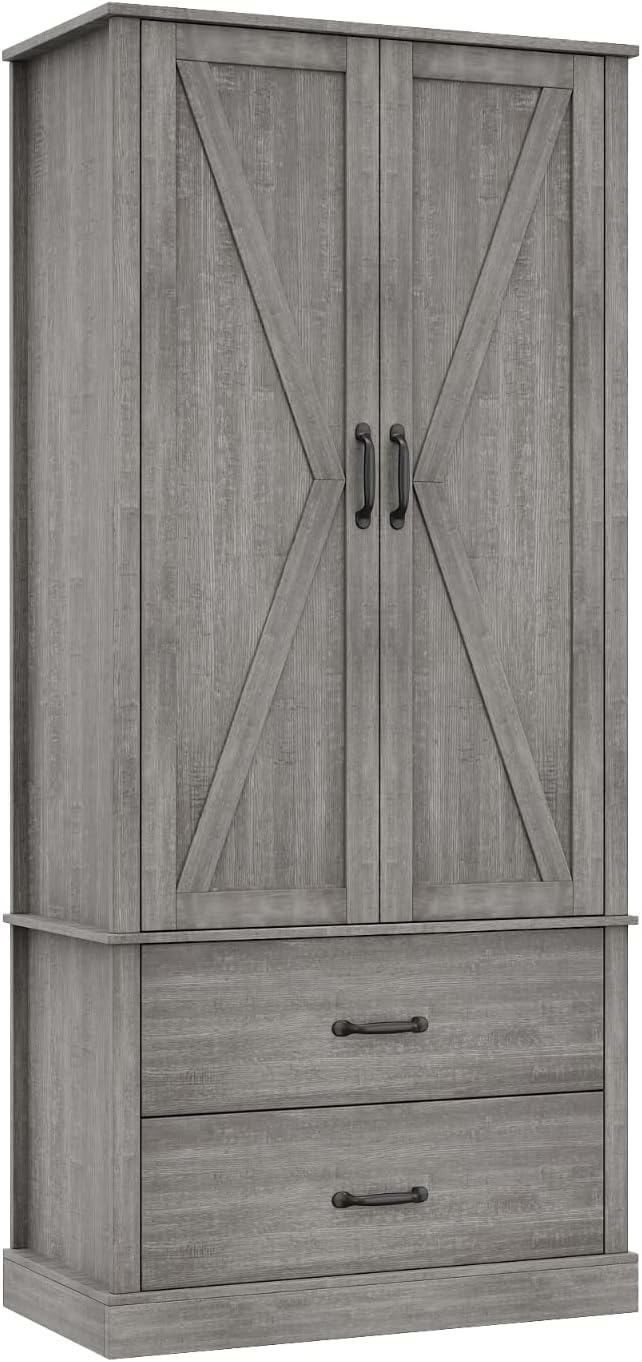 Takywep Freestanding Farmhouse Pantry Cabinet with Barn Doors, Adjustable She...