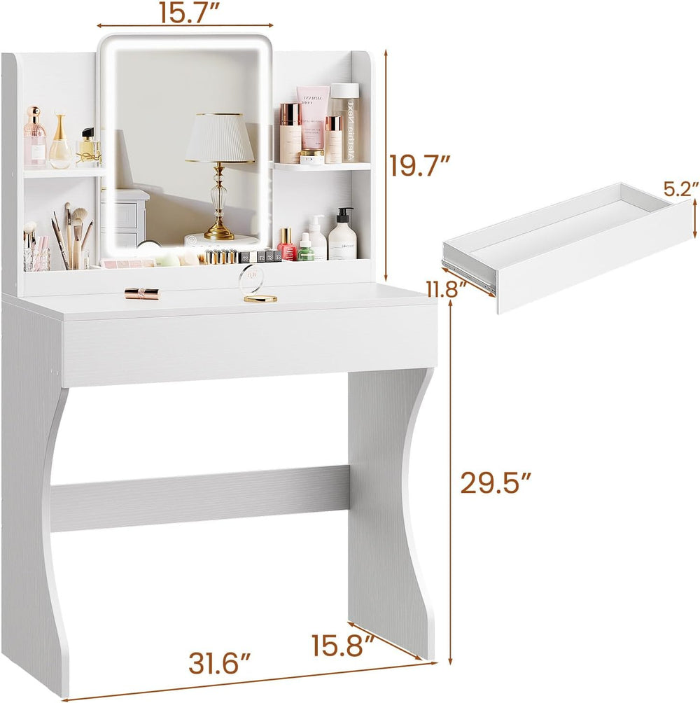 White Small Lighted Makeup Vanity Desk with Multi-Layer Storage | 3 Adjustabl...