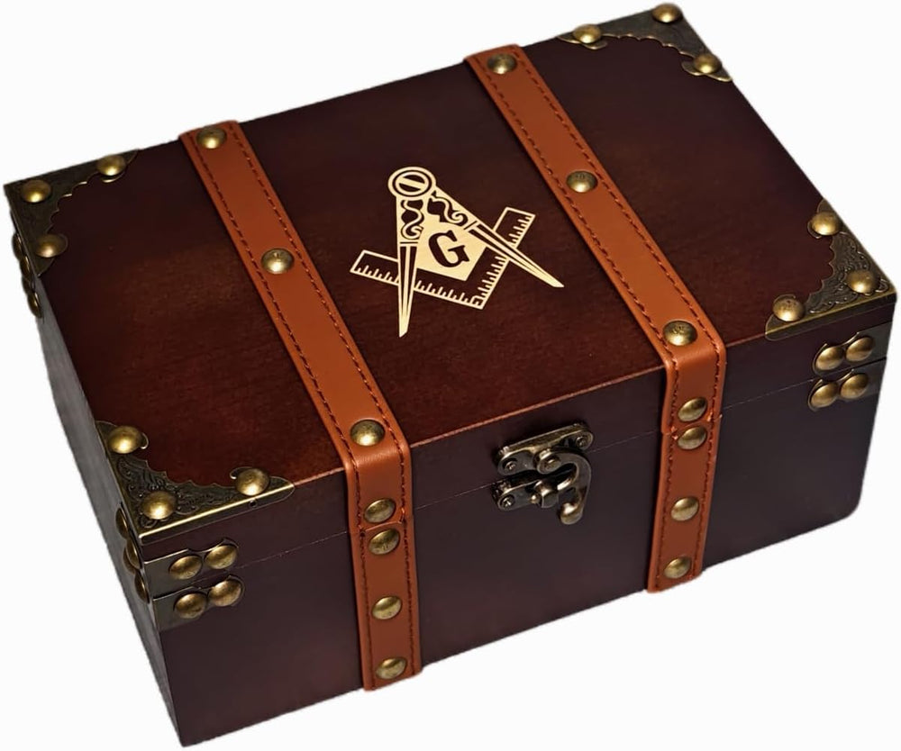 Masonic Engraved Solid Wood and Leather Chest, Wooden Box with Velvet Lining,...