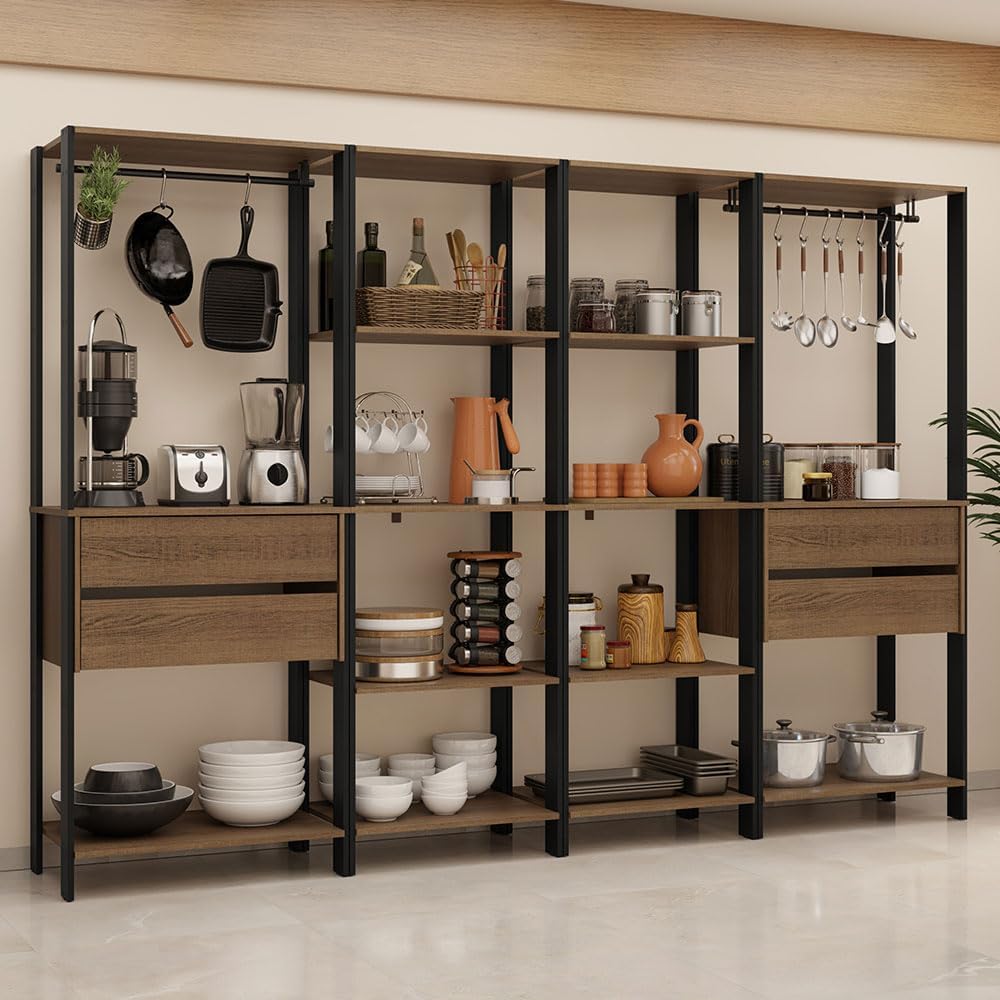 Madesa Kitchen Pantry Storage Rack with 4 Drawers, Open Shelves and Hanging S...