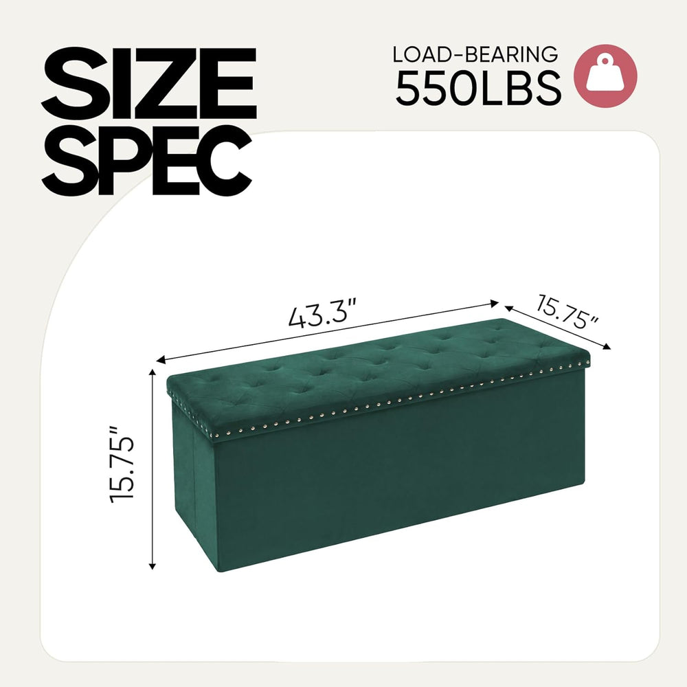 Storage Ottoman Bench, 43 Inches Folding Green Velvet Long Ottoman with Stora...