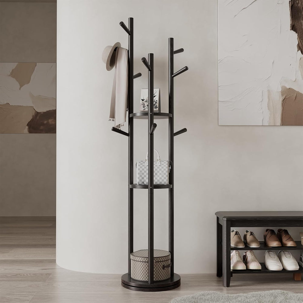 Muwuele Solid Wood Rotary Coat Rack, Freestanding Coat Rack with 3 Shelves an...