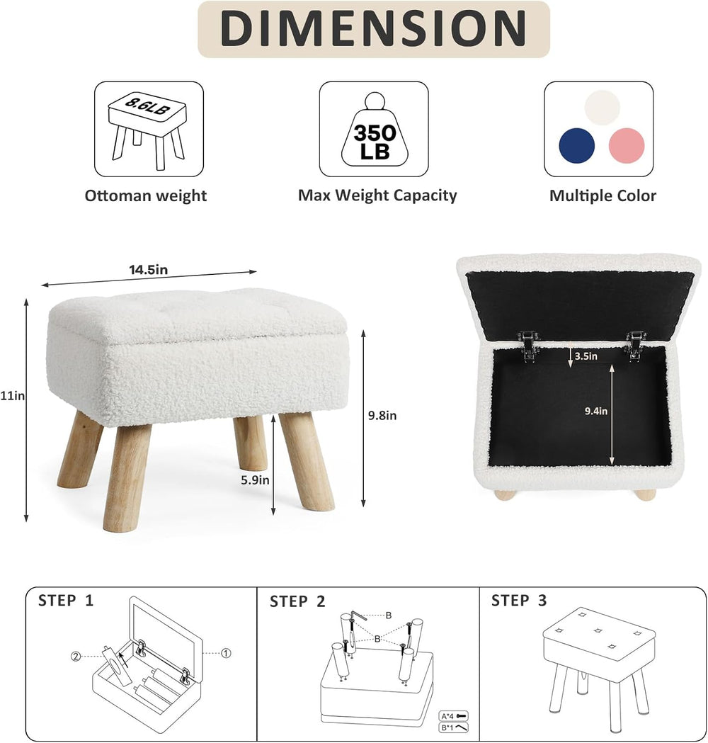OGEMXU Storage Ottoman, Small Foot Stool Ottoman with Storage, Boucle Teddy V...