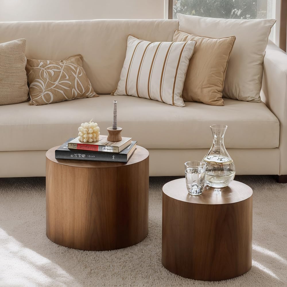 Nesting Coffee Table Set of 2, Modern Round Coffee Table with Non-Slip Feet, ...
