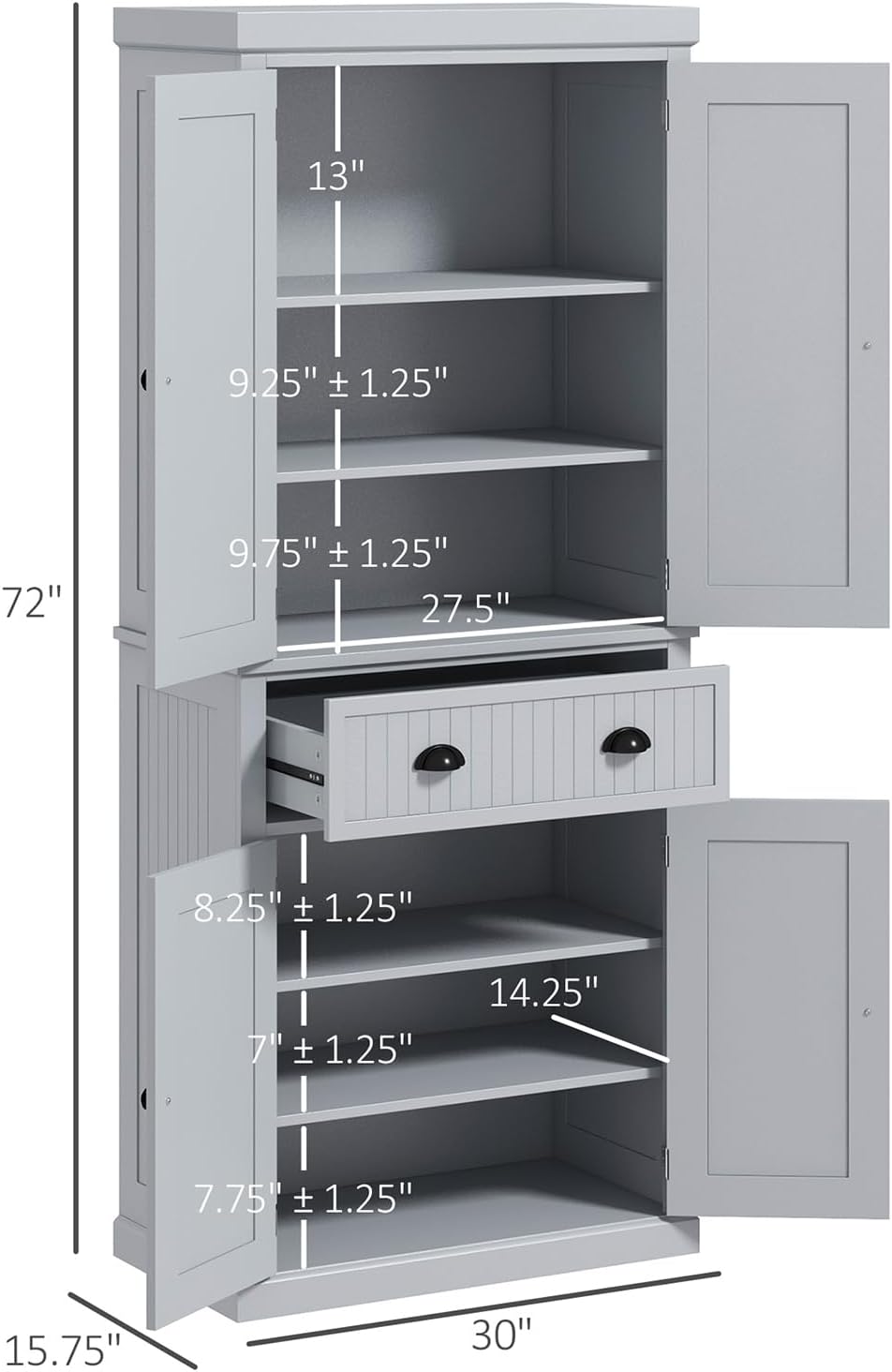 Pantry Storage Cabinet, 72" Traditional Freestanding Cabinet with 4 Door...