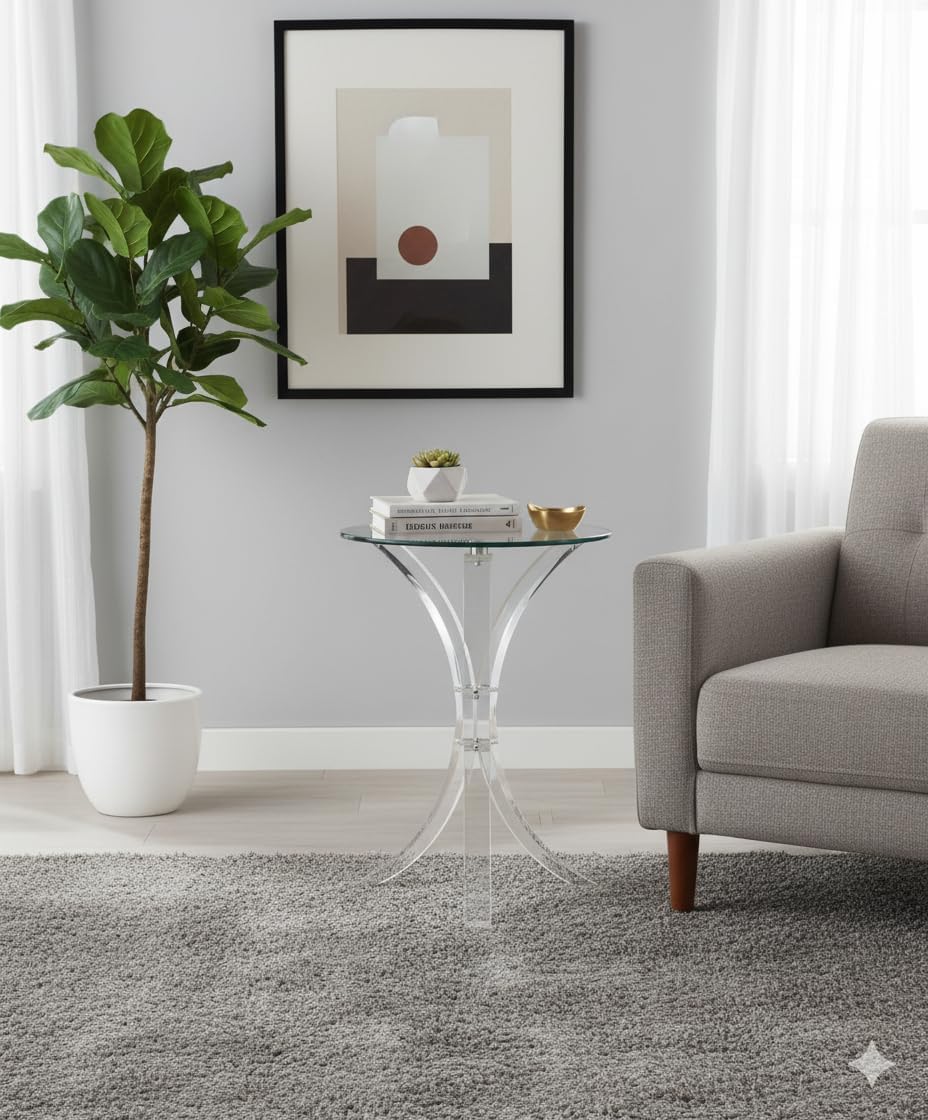 CARTESIAN Modern Round Glass Side Table, Clear Acrylic Base, 18-Inch Tempered...
