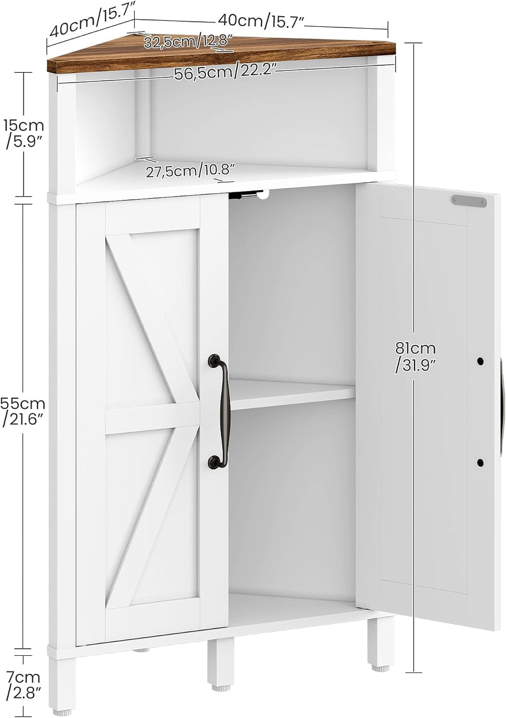 Farmhouse-Style Corner Cabinet, Corner Shelf with Open Storage, Double-Door S...