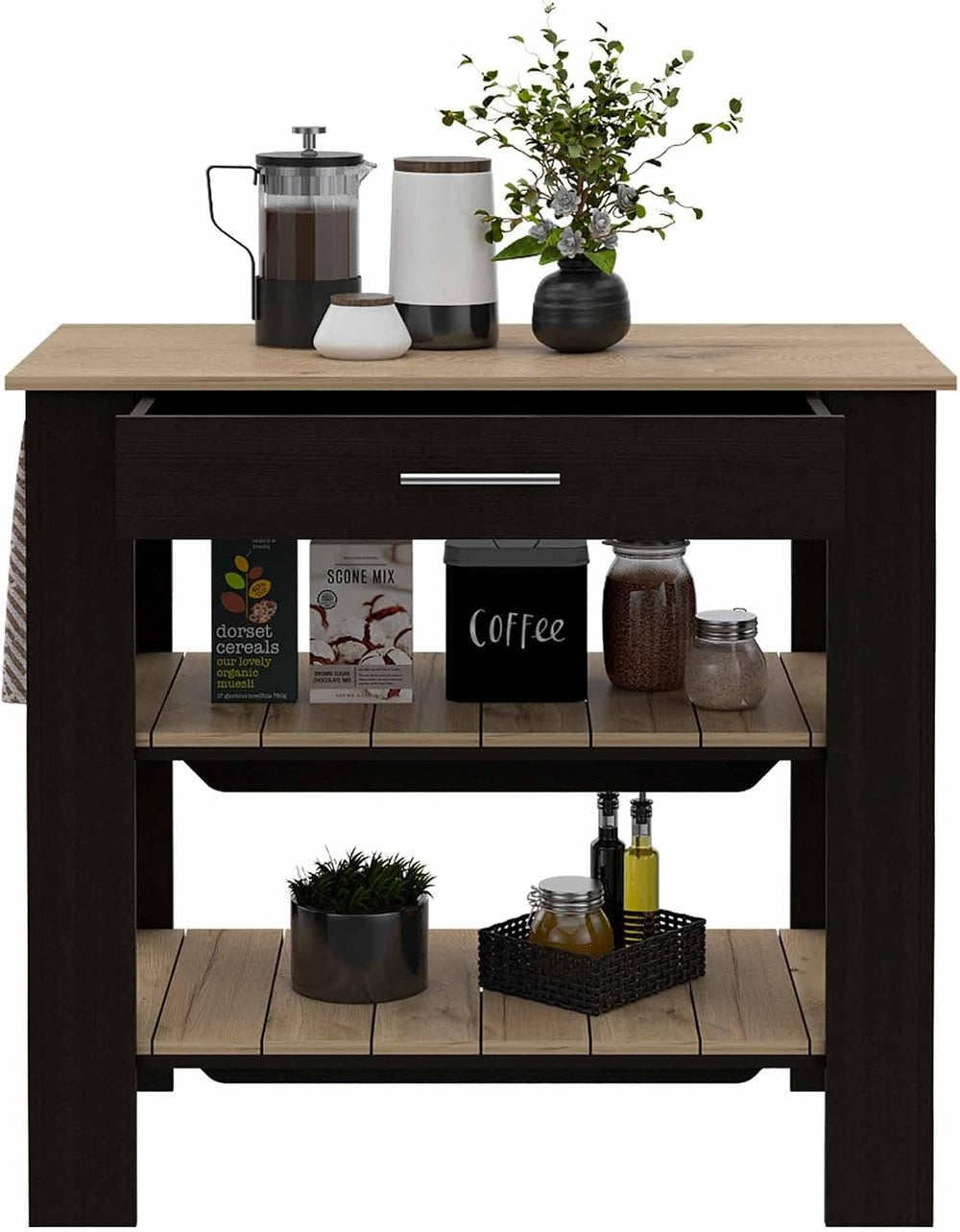 FM FURNITURE Brooklyn 40 Kitchen Island with 2 Shelves and 1 Drawer, Black We...