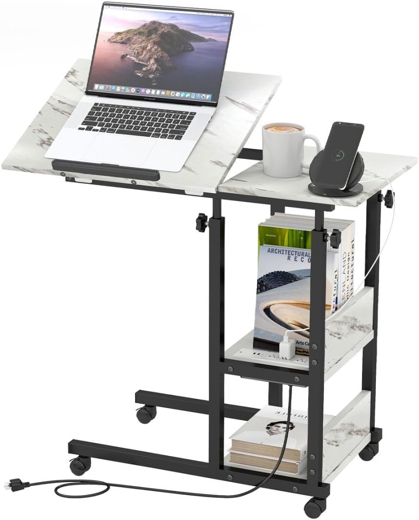 Hadulcet Adjustable C Table with Charging Station, Tiltable Desk C Shaped End...