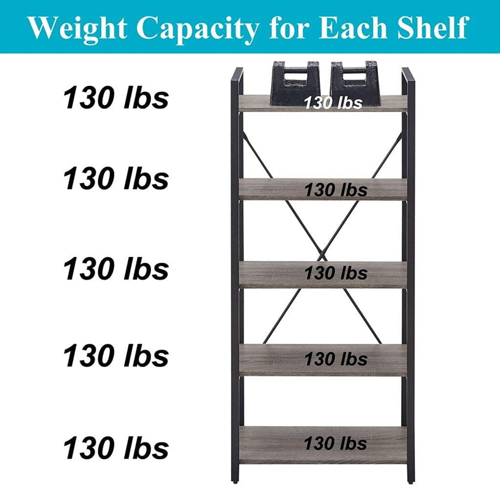 Industrial Bookshelf, Etagere Bookcases and Book Shelf 5 Tier Shelves, Grey W...