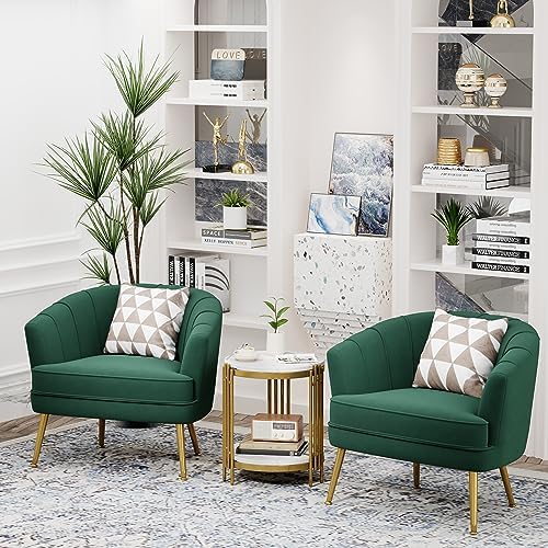 Andeworld Velvet Accent Chair, Barrel Armchair, Green | Velvet Upholstery, Go...
