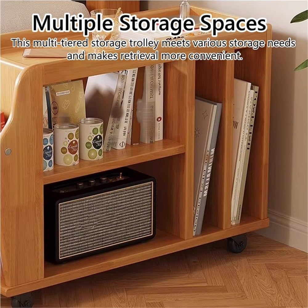Movable Wood Side Tables with Casters, Rolling Table with Storage, Living Roo...