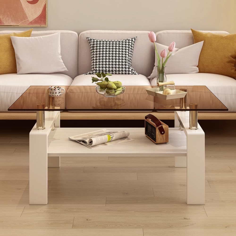 Rectangle Coffee Table, Tempered Glass Tabletop with MDF Layer, Modern Table ...