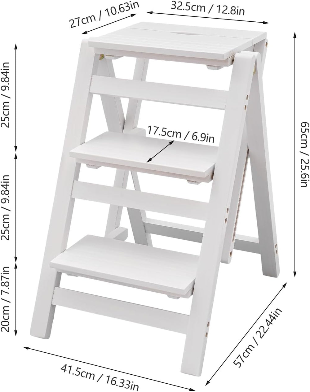 Folding Step Stool for Adults, 3 Tier Step Ladder Portable Counter Chair Wood...