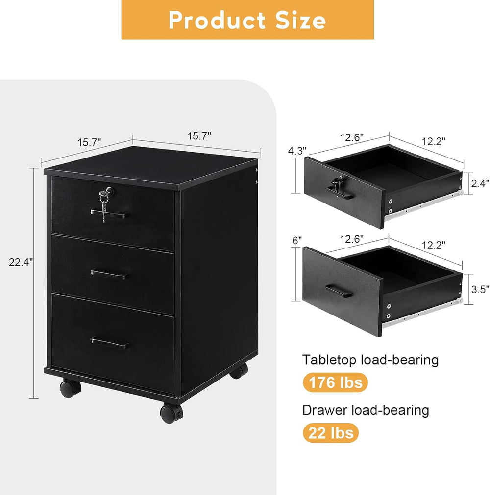 TUKAILAi Mobile File Cabinet with 3 Drawers, Lockable Storage Unit Wooden Rol...