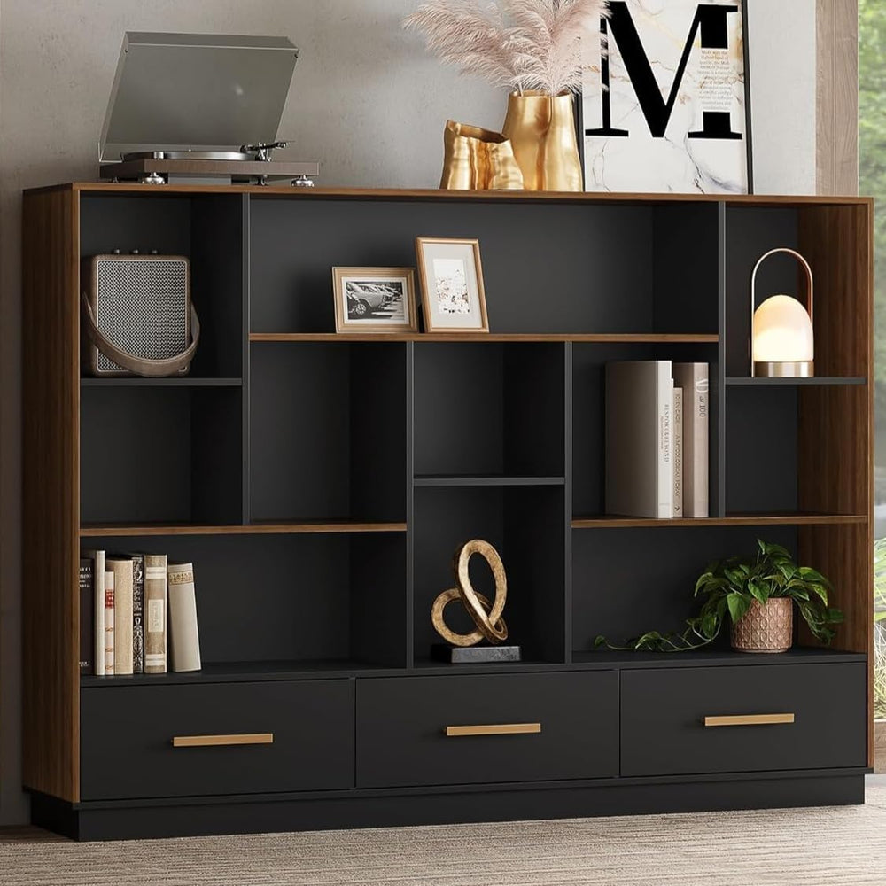 ModernMate 60" Wide Bookcase with 3 Drawers and 12 Open Cubes, Black Walnut