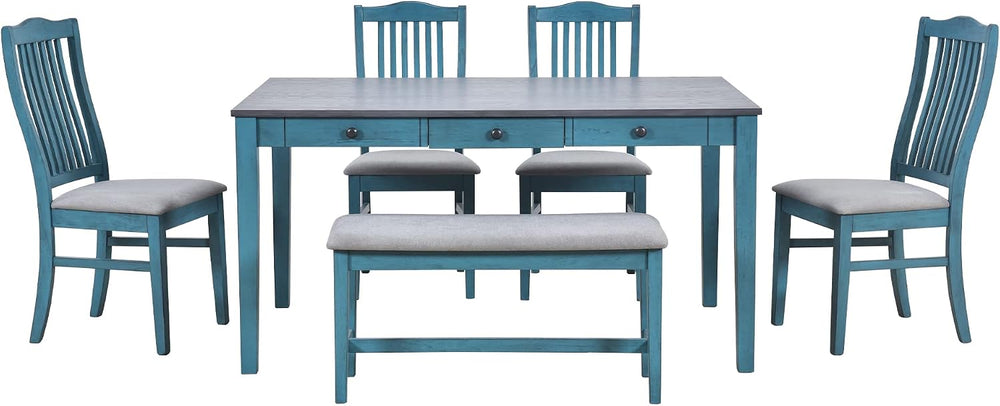 LUMISOL 6-Piece Dining Table Set with Bench, Farmhouse Solid Wood Kitchen Tab...