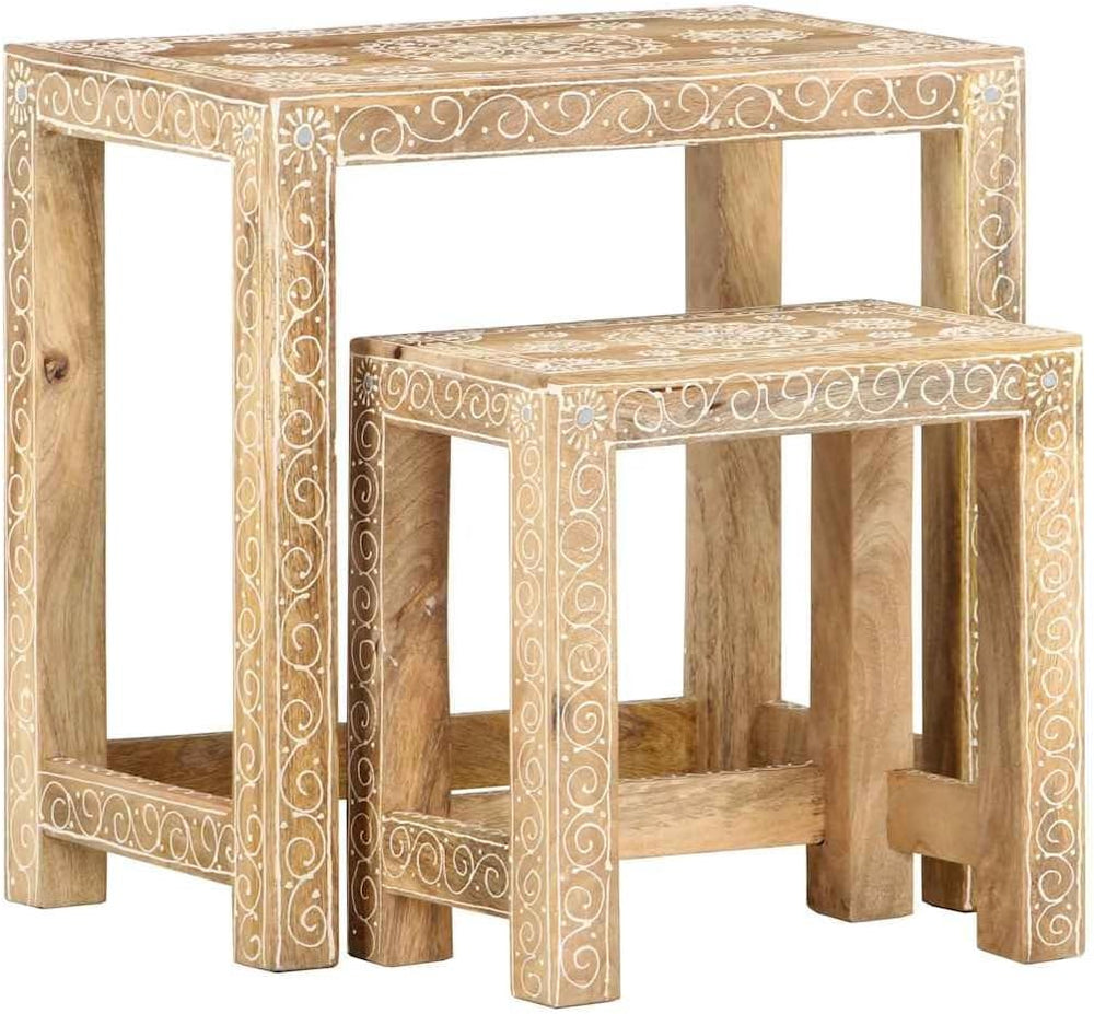 2 Piece Side Table Set Solid Mango Wood Hand-Painted Nesting Tables for Livin...