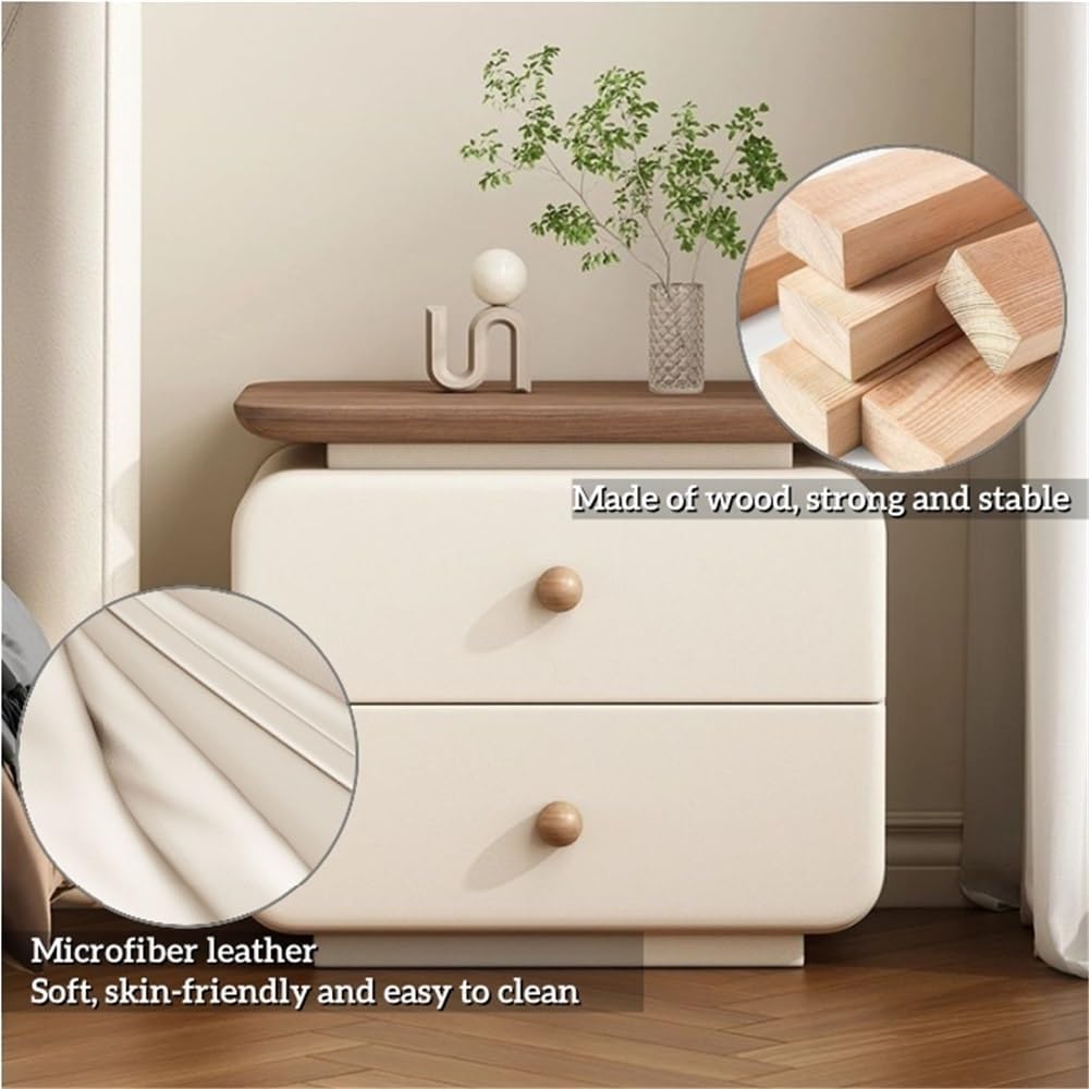 Leather Bedside Table with 2 Drawers, Vintage Wood Nightstand for Bedroom and...