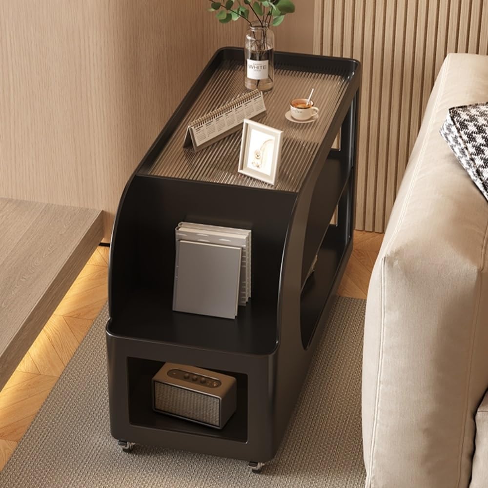 Mobile Sofa Side Table with Wheels, Metal Rolling End Table with Storage, 3-T...