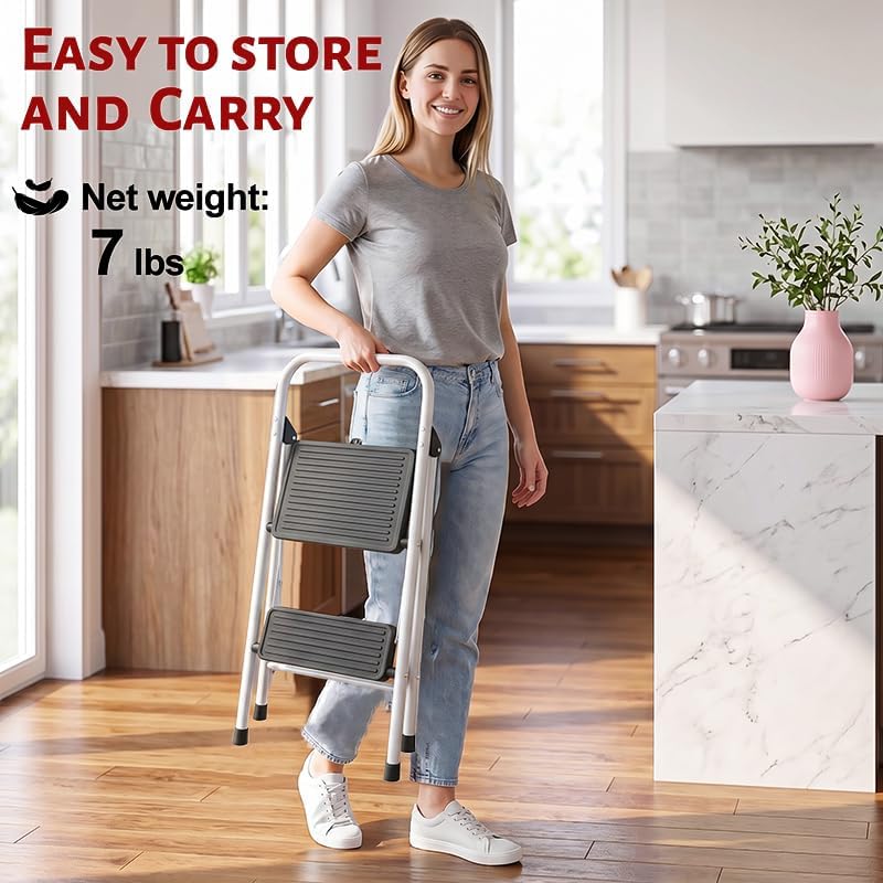 2 Step Stool Folding &Anti-Slip Pedals Lightweight Steel Ladder for House...